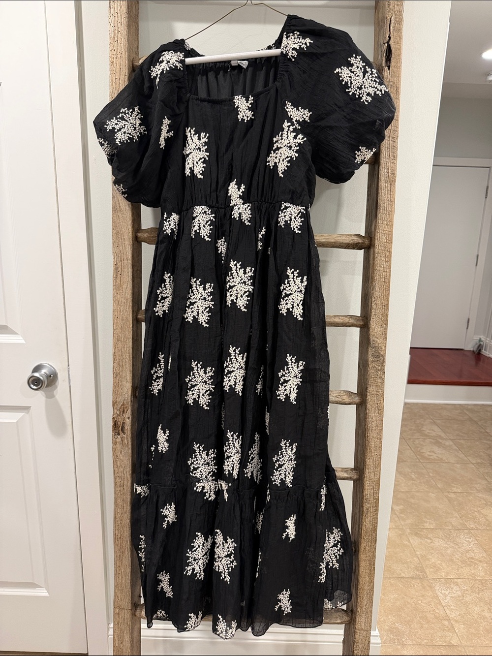 Polagram Black Dress with White Floral Embroidery, Size M